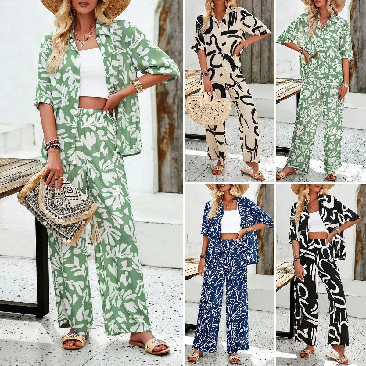 Abstract Print Shirt & Wide-Leg Pants Set